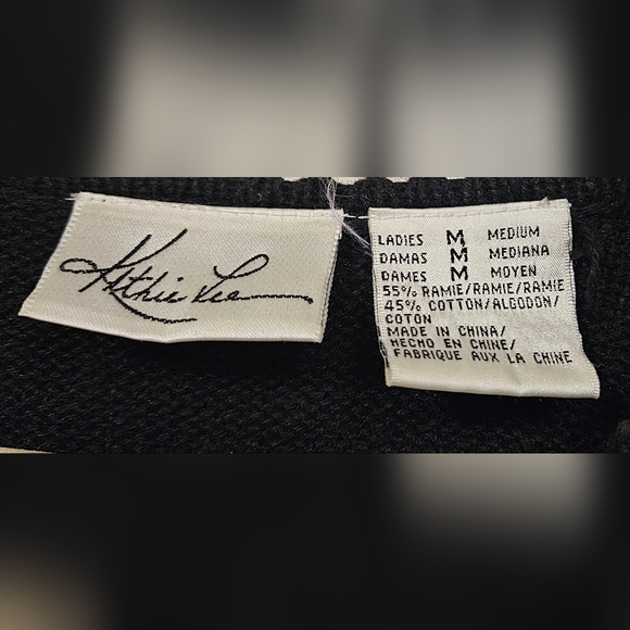 Gold Silver Sequin Bow Embroidery knit ramie cotton black sweater size M - Picture 6 of 14